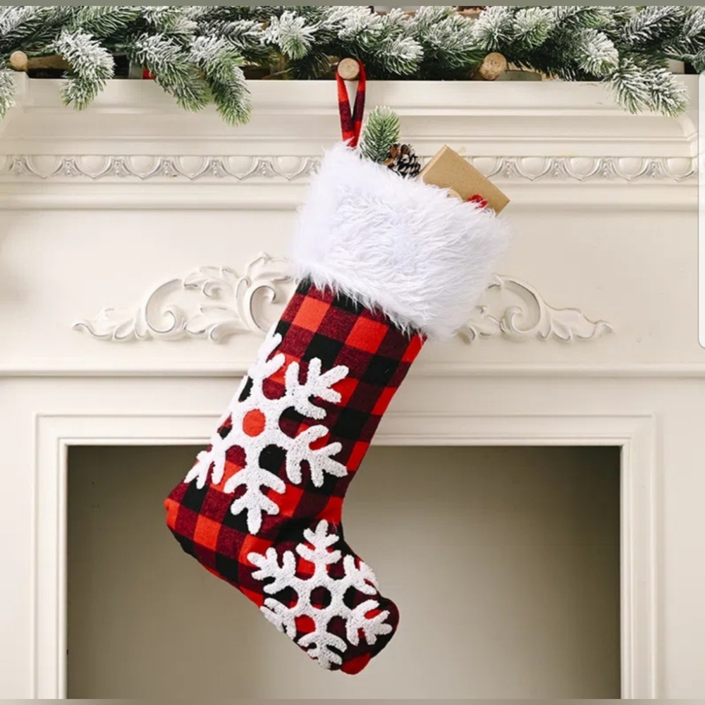 1pc, Holiday Decor For Home, Large Christmas Plaid  Raw Edge Socks